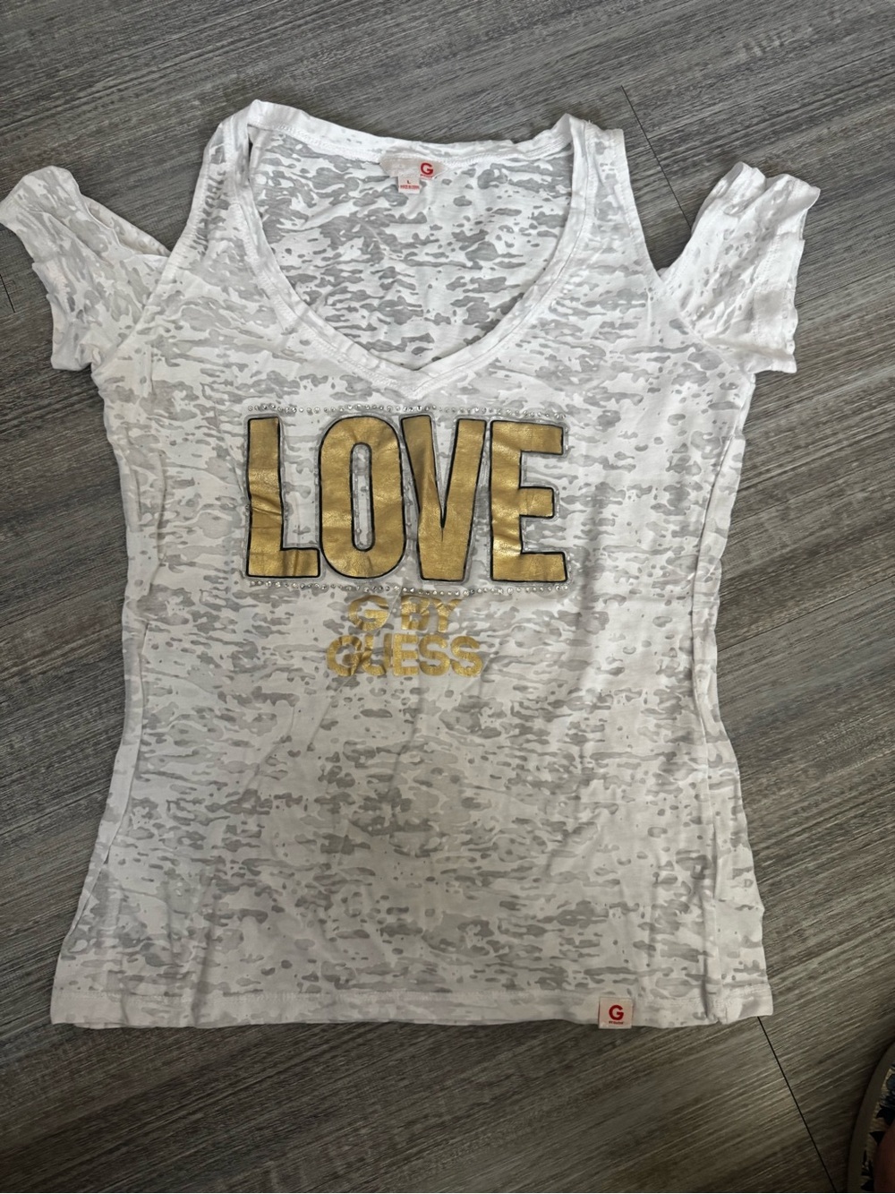 G by Guess White Burnout V-Neck Tee with Gold LOVE Graphic